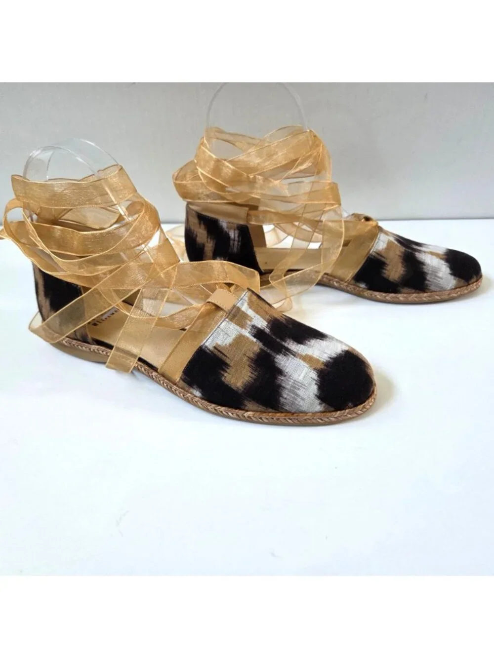 Stuart Weitzman Flats 7 Beige Black Calico Linen Espadrille D'Orsay Lace Up NEW